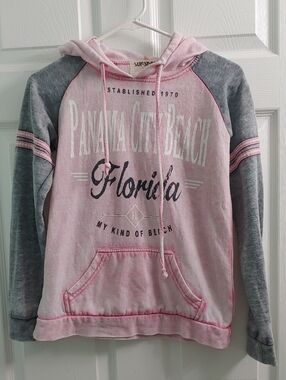 Vintage Y2K Surf Style Hoodie Panama City Beach Faded Pink Grey Pullover Size S